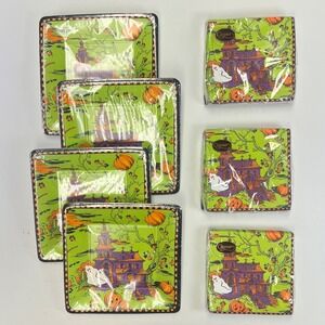 Caspari Halloween 32 Plates 60 Napkin Set NEW Spooky Dessert Party Haunted House